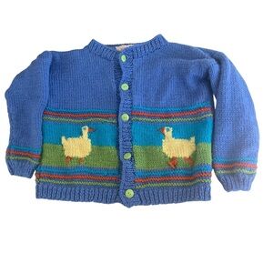 Handmade Childrens Knit Duck Cardigan Sweater Blue Yellow